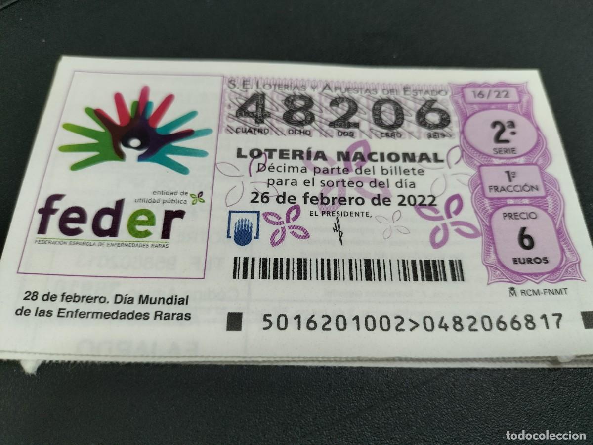 Loterie Nationale: 1 DECIMO LOTERIA SABADO - 26 FEBRERO 2022 - 16/22 - FEDER - DIA MUNDIAL DE ENFERMEDADES RARAS