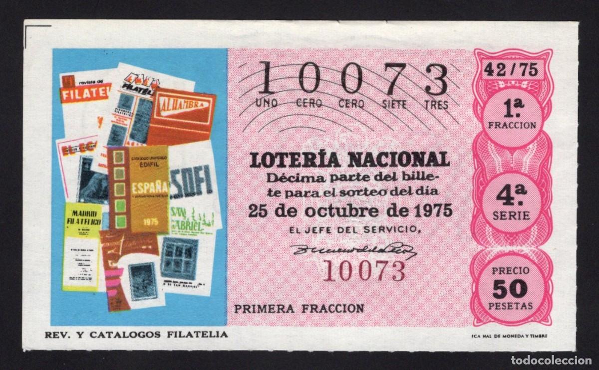 National Spanish Lottery: L. Nacional 25 Octubre 1975. Revistas-Cat&aacute;logos Filat&eacute;licos. N&ordm; 10073. Admon. Angelita. Madrid. Desa