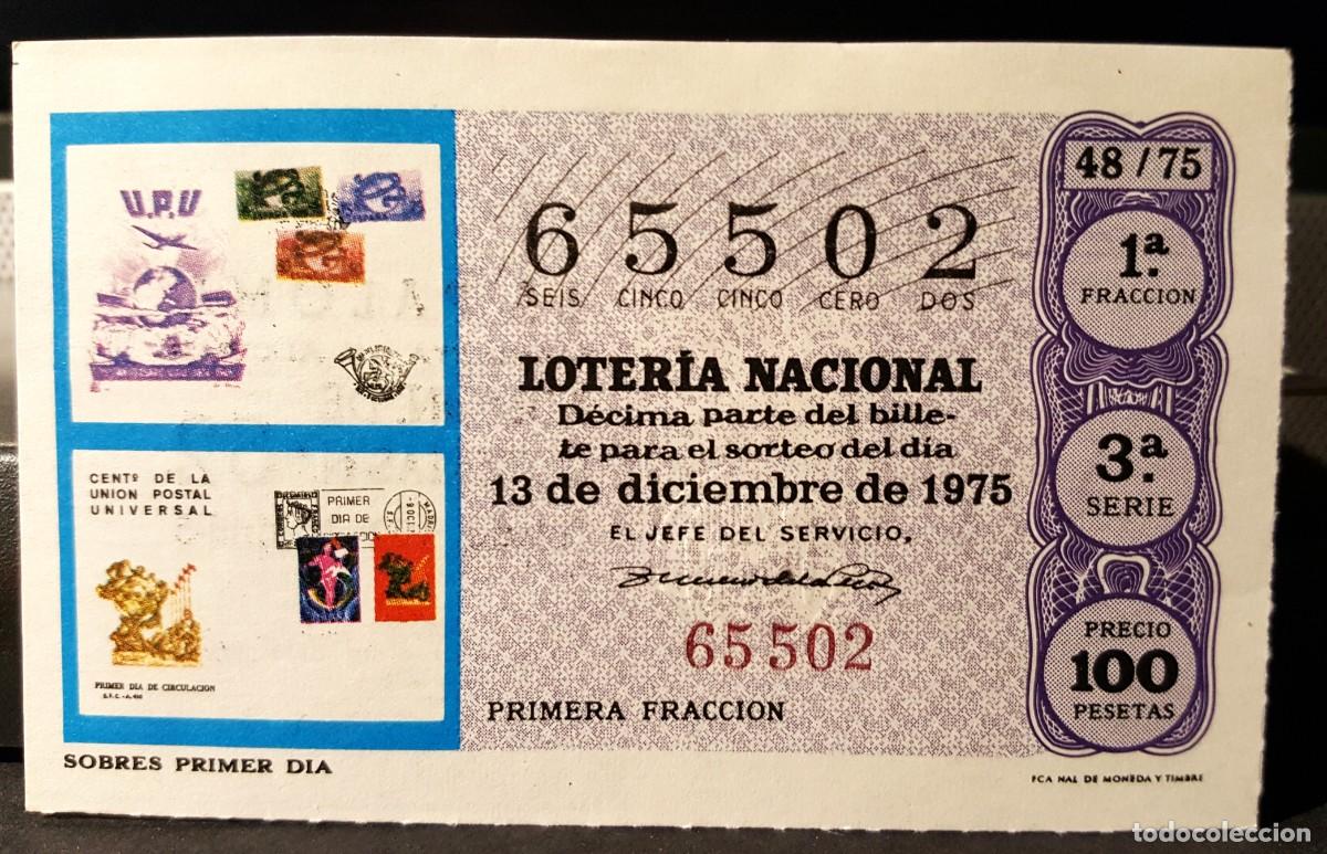 Nationale spanische Lotterie: L. Nacional 13 Diciembre 1975. Sobre Primer Dia. N&ordm; 65502. Adm&oacute;n La Paloma. Madrid. Desaparecida.