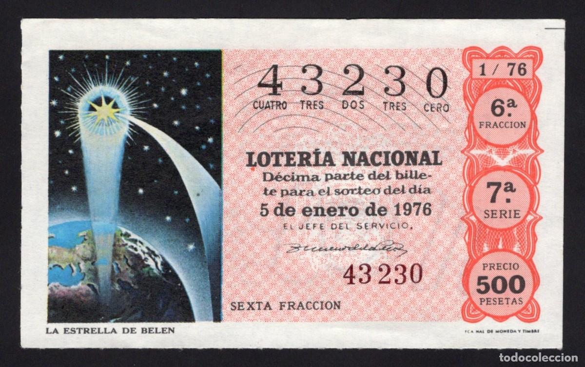 Nationale spanische Lotterie: L. Nacional 5 Enero 1976. La Estrella de Bel&eacute;n. N&ordm; 43230. Adm&oacute;n 59 El Dobl&oacute;n de Oro. Madrid.