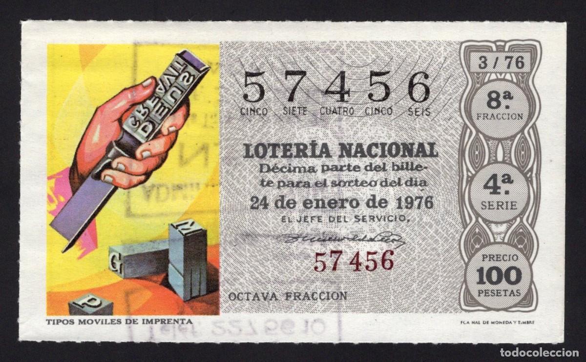 Nationale spanische Lotterie: L. Nacional 24 Enero 1976. Tipos m&oacute;viles de imprenta. N&ordm; 57456. Adm&oacute;n 51, Madrid.