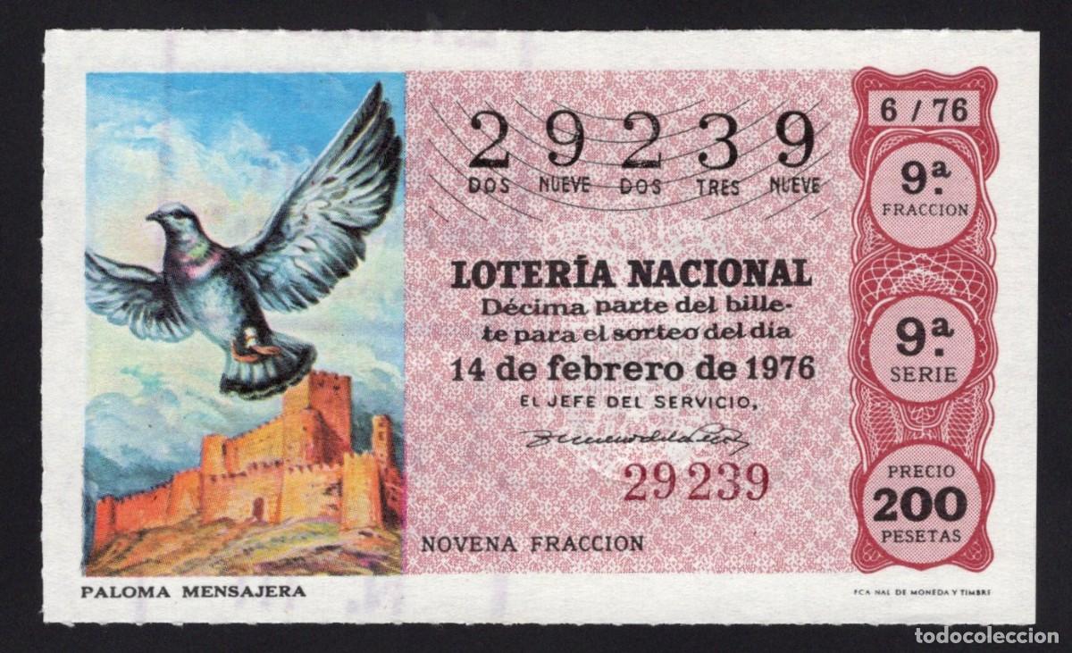 Nationale spanische Lotterie: L. Nacional 14 Febrero 1976. Paloma Mensajera. N&ordm; 29239. Adm&oacute;n 111. Madrid. Cambi&oacute; de nombre.