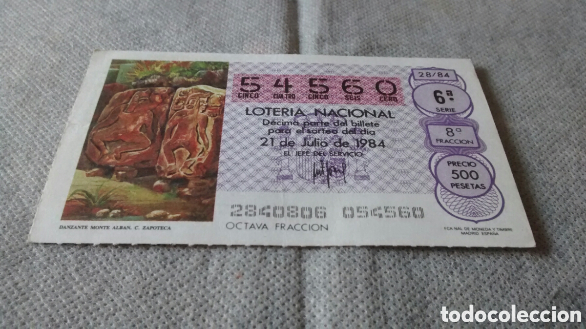 Nationale spanische Lotterie: DECIMO DE LA LOTERIA NACIONAL. SORTEO 21 JULIO 1984 28/84 DANZANTE MONTE ALBAN