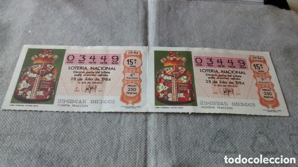 Nationale spanische Lotterie: 2 DECIMOS DE LA LOTERIA NACIONAL. SORTEO 28 JULIO 1984 29/84 JARRA FUNERARIA. CULTURA NAZCA