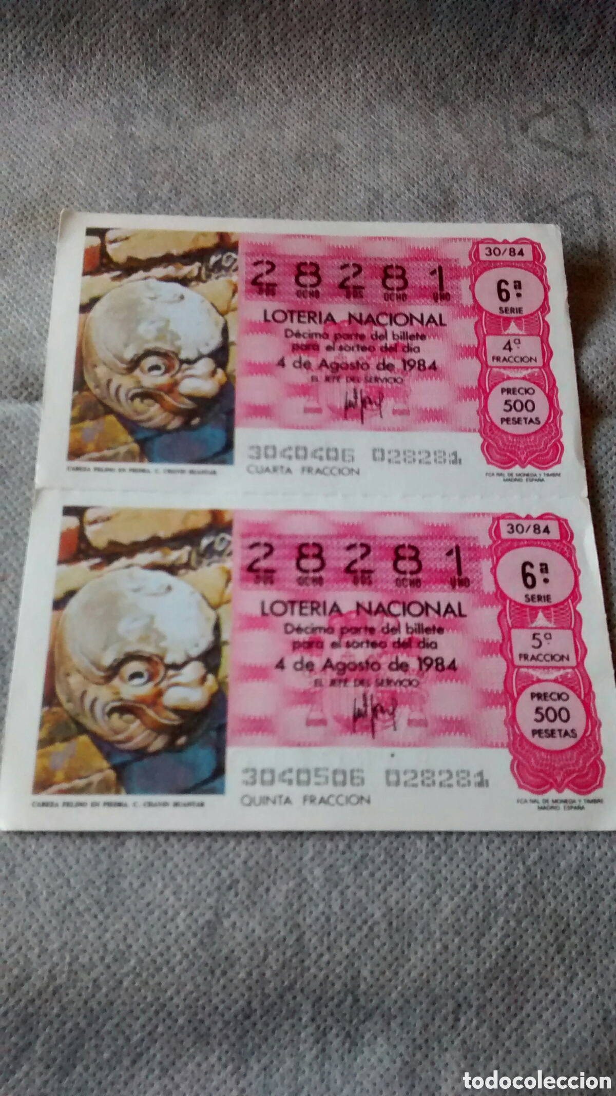 Nationale spanische Lotterie: 2 DECIMOS DE LA LOTERIA NACIONAL. SORTEO 4 AGOSTO 1984 30/84 CABEZA FELINO EN PIEDRA