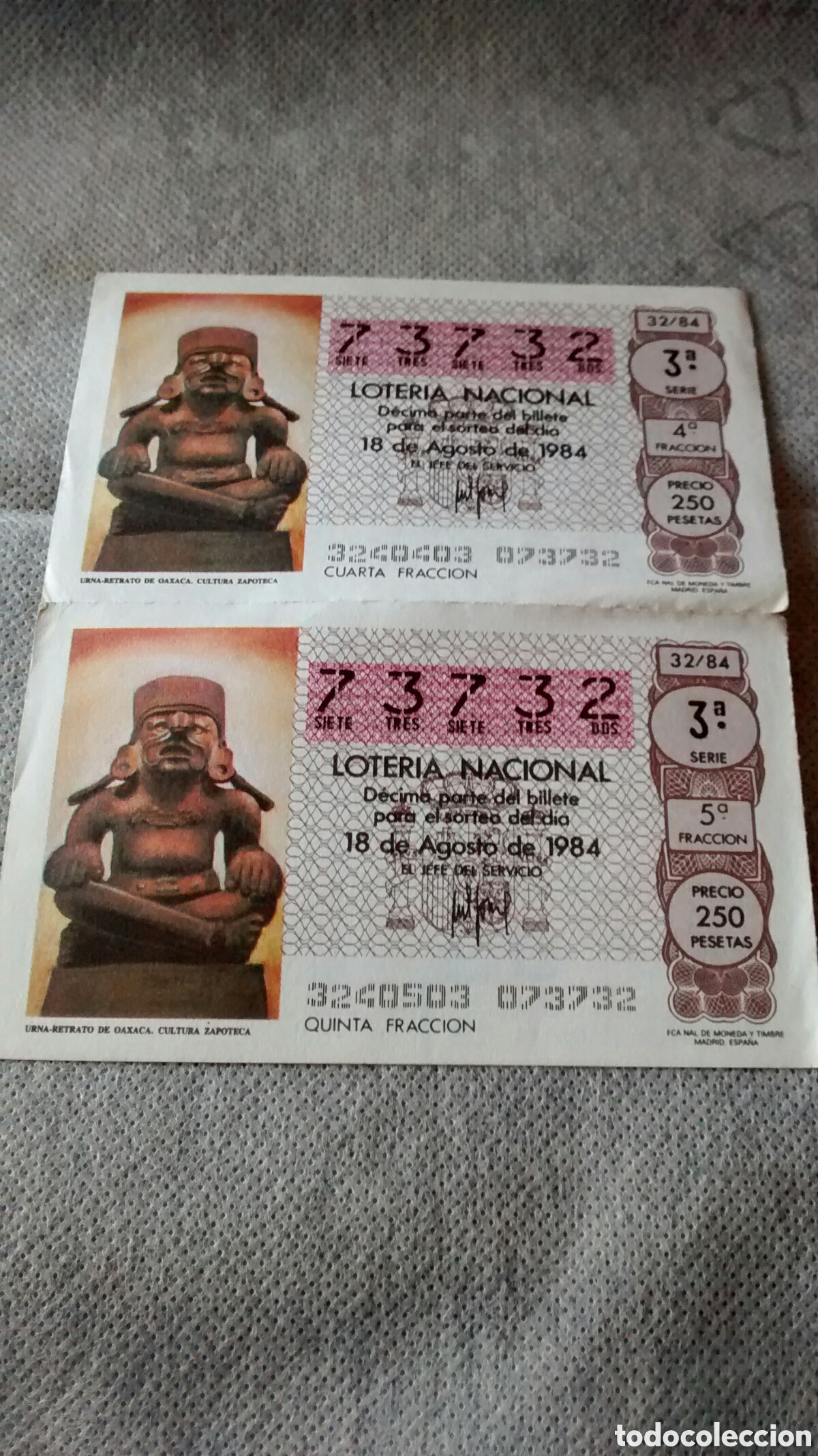 Nationale spanische Lotterie: 2 DECIMOS DE LA LOTERIA NACIONAL. SORTEO 18 AGOSTO 1984 32/84 URNA RETRATO DE OAXACA