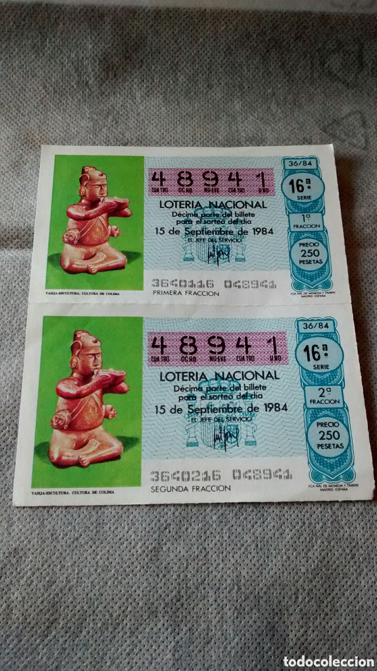 Nationale spanische Lotterie: 2 DECIMOS DE LA LOTERIA NACIONAL. SORTEO 15 SEPTIEMBRE 1984 36/84 VASIJA ESCULTURA CULTURA COLIMA