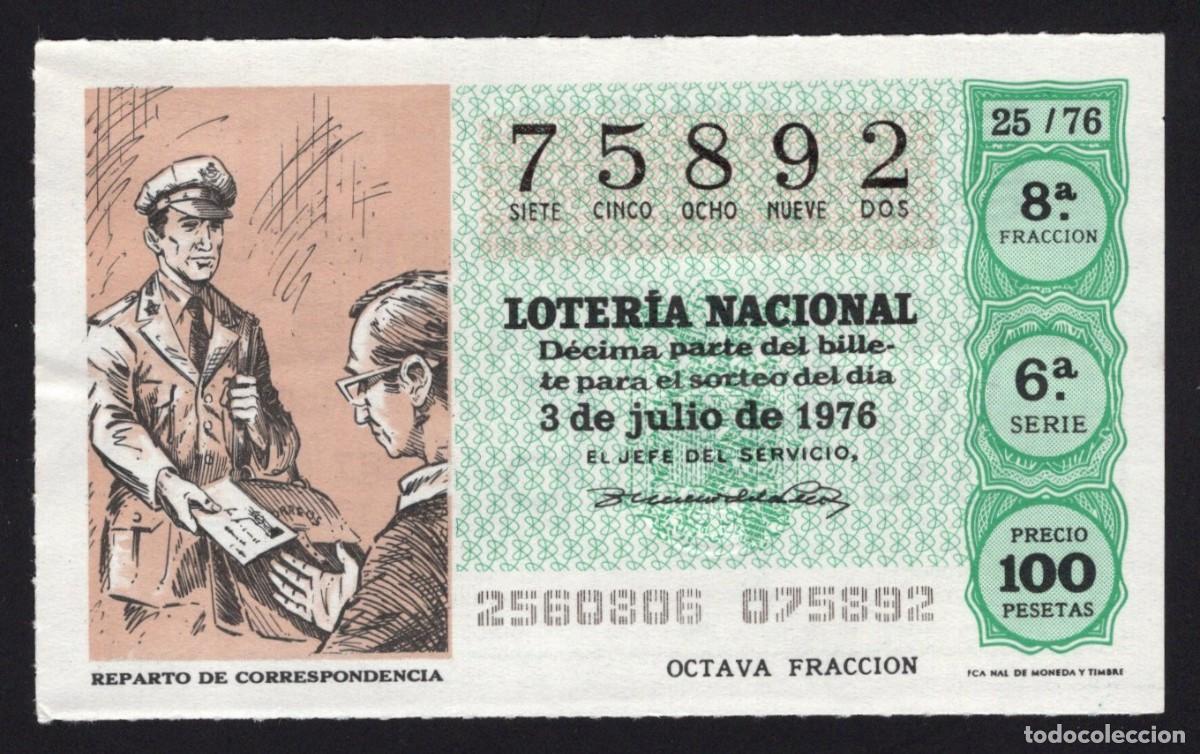 Nationale spanische Lotterie: L. Nacional 3 Julio 1976. Reparto de correspondencia. N&ordm; 75892. Adm&oacute;n. 51 Plaza Tirso de Molina. Mad