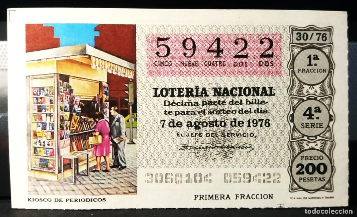 Nationale spanische Lotterie: L. Nacional 7 Agosto 1976. Kiosco de Peri&oacute;dicos. N&ordm; 59422. Adm&oacute;n n&ordm; 12 Conchita. Madrid. desaparecid