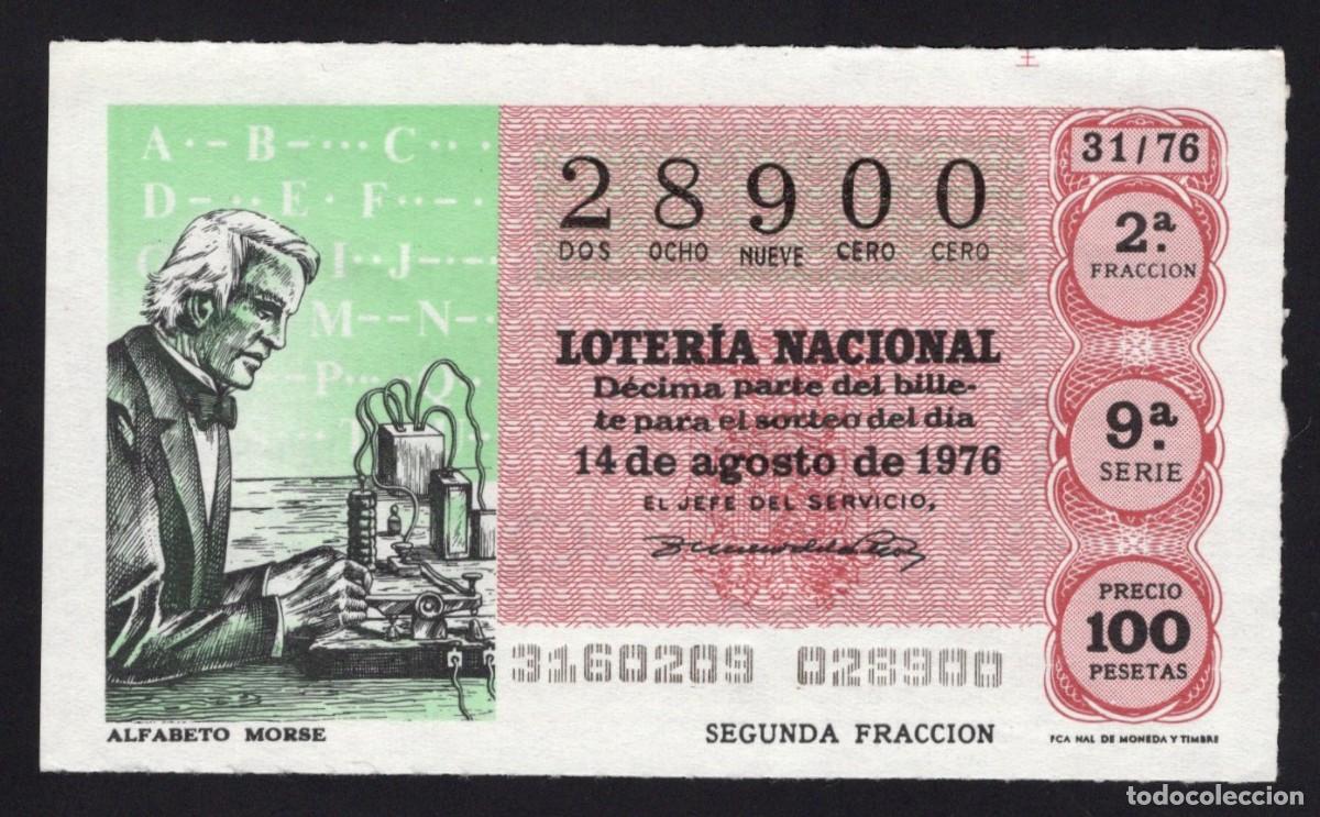 Nationale spanische Lotterie: L. Nacional 14 Agosto 1976. Alfabeto Morse. N&ordm; 28900. Adm&oacute;n. El Dobl&oacute;n de Oro. Madrid. Desaparecida