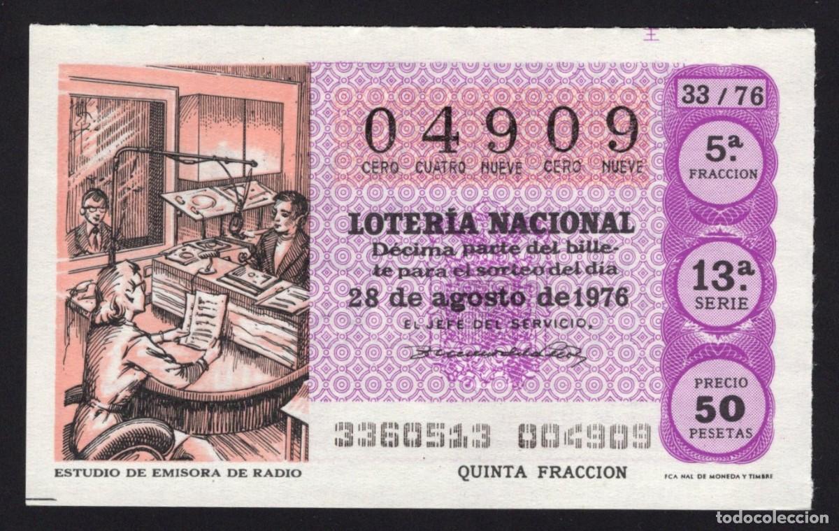 Nationale spanische Lotterie: L. Nacional 28 Agosto 1976. Sorteo 33/76. Estudio Emisora de Radio. N&ordm; 04909 Adm&oacute;n. n&ordm; 34. Madrid.