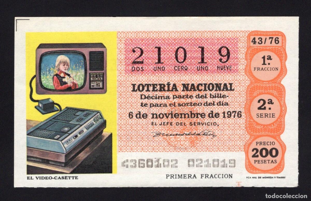 Nationale spanische Lotterie: L. Nacional 6 Noviembre 1976. El Video-Casette. N&ordm; 21019. Adm&oacute;n. n&ordm; 55. Madrid. desaparecida.