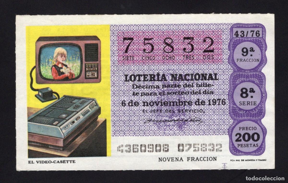 Nationale spanische Lotterie: L. Nacional 6 Noviembre 1976. El Video-Casette. N&ordm; 75832. Adm&oacute;n. n&ordm; 51. Madrid.