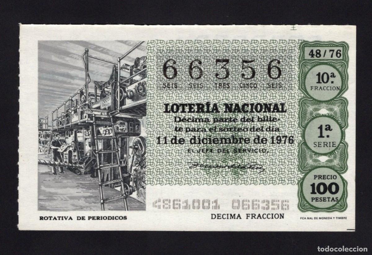 Nationale spanische Lotterie: L. Nacional 11 Diciembre 1976. Sorteo 48/76. Rotativa peri&oacute;dicos. N&ordm; 66356. Adm&oacute;n. N&ordm; 95. Madrid.