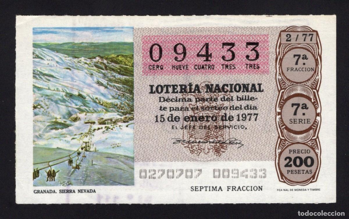 Nationale spanische Lotterie: L. Nacional 15 Enero 1977. Granada. Sierra Nevada. N&ordm; 09433. Adm&oacute;n N&ordm; 111. Madrid.