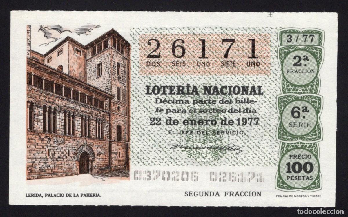 Nationale spanische Lotterie: L. Nacional 22 Enero 1977. Palacio de la Paheria (L&eacute;rida). N&ordm; 26171. Adm&oacute;n. N&ordm; 24. Madrid.