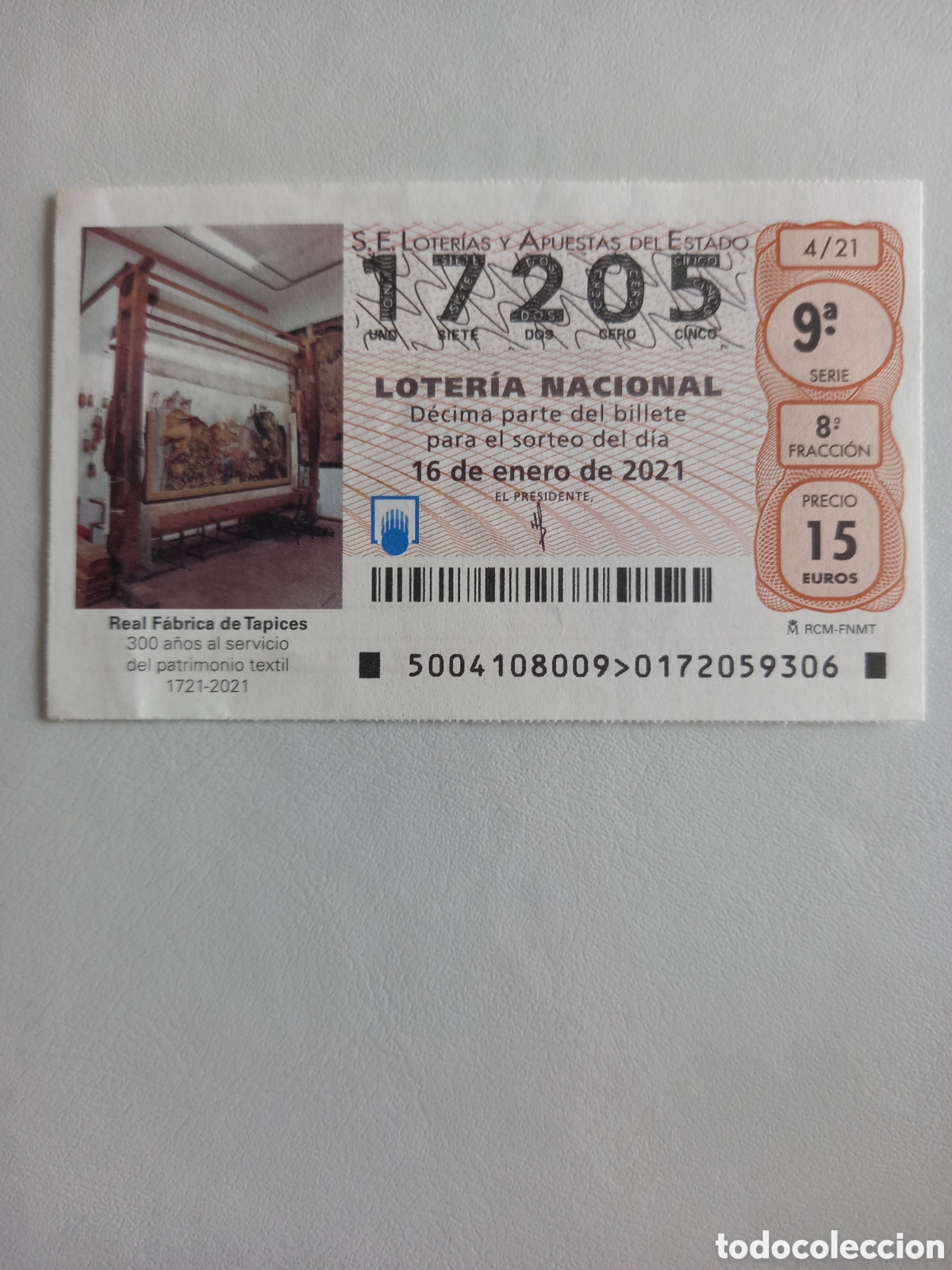 Nationale spanische Lotterie: LOTER&Iacute;A 16 ENERO 2021 - REAL F&Aacute;BRICA DE TAPICES