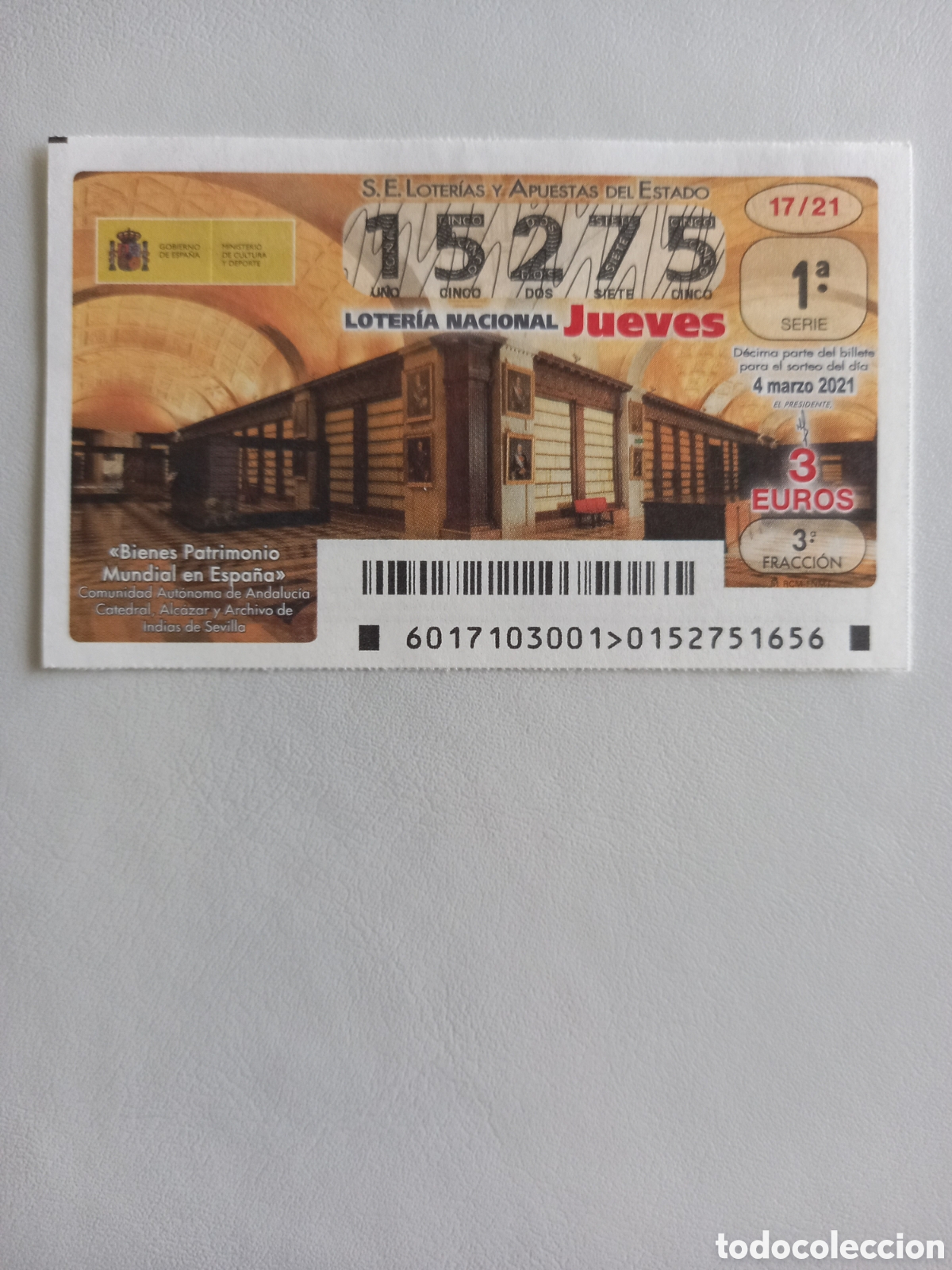 Nationale spanische Lotterie: LOTER&Iacute;A 4 MARZO 2021 - PATRIMONIO MUNDIAL EN ESPA&Ntilde;A, CATEDRAL ALC&Aacute;ZAR Y ARCHIVO DE INDIAS DE SEVILLA