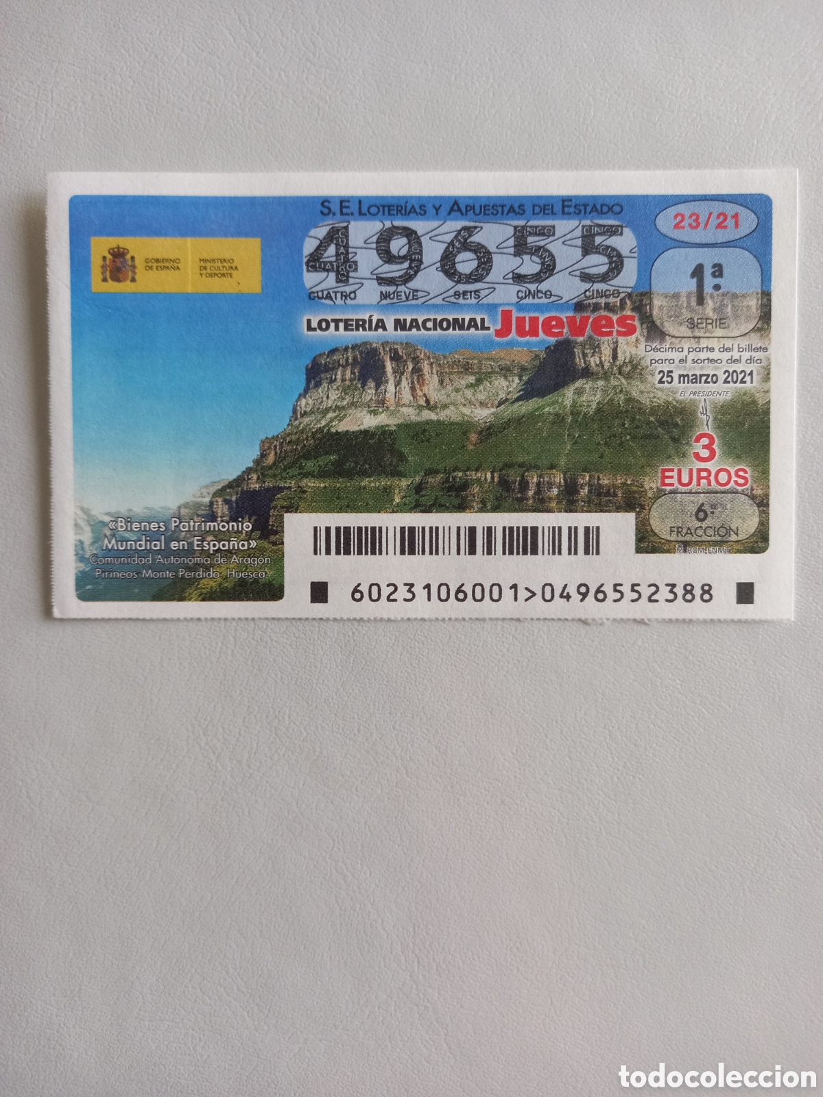 Nationale spanische Lotterie: LOTER&Iacute;A 25 MARZO 2021 - PATRIMONIO MUNDIAL: PIRINEOS - MONTE PERDIDO DE HUESCA