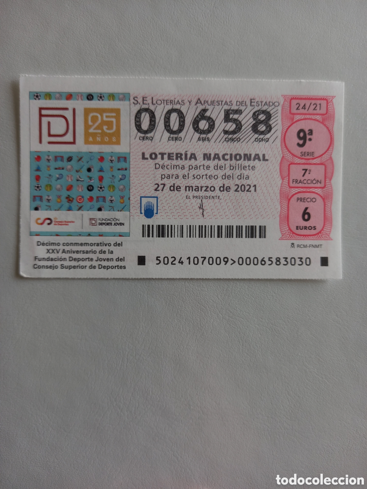 Nationale spanische Lotterie: LOTER&Iacute;A 27 MARZO 2021 - XXV ANIVERSARIO DE LA FUNDACI&Oacute;N DEPORTE JOVEN DEL CONSEJO SUPERIOR DEPORTES