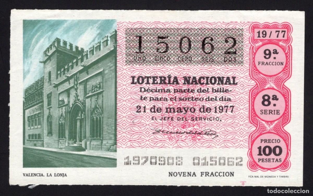 Loterie Nationale: L. Nacional 21 Mayo 1977. La Lonja (Valencia). N&ordm; 15062. Adm&oacute;n Ana. Madrid. desaparecida.