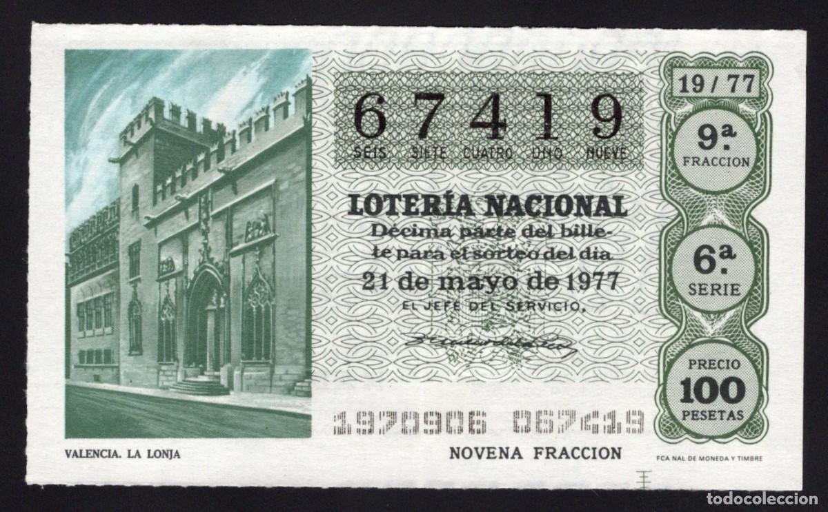 Loterie Nationale: L. Nacional 21 Mayo 1977. La Lonja (Valencia). N&ordm; 67419. Adm&oacute;n Conchita. Madrid.