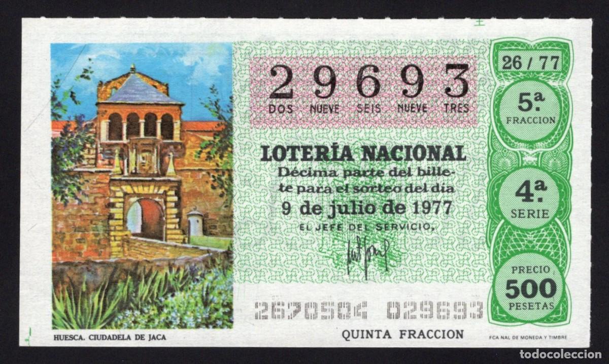 Lotaria Nacional: L. Nacional 9 Julio 1977. Ciudadela de Jaca. (Huesca). N&ordm; 29693. Adm&oacute;n 61. San Antonio. Madrid