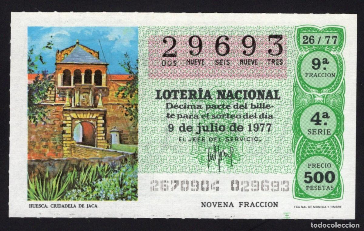 Lotaria Nacional: L. Nacional 9 Julio 1977. Ciudadela de Jaca. (Huesca). N&ordm; 029693. Adm&oacute;n 61 San Antonio. Madrid. Desa