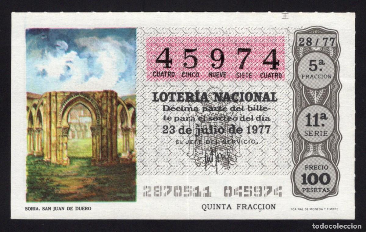 Lotaria Nacional: L. Nacional 23 Julio 1977. San juan de Duero (Soria). N&ordm; 45974. Adm&oacute;n 12 Conchita. Madrid.