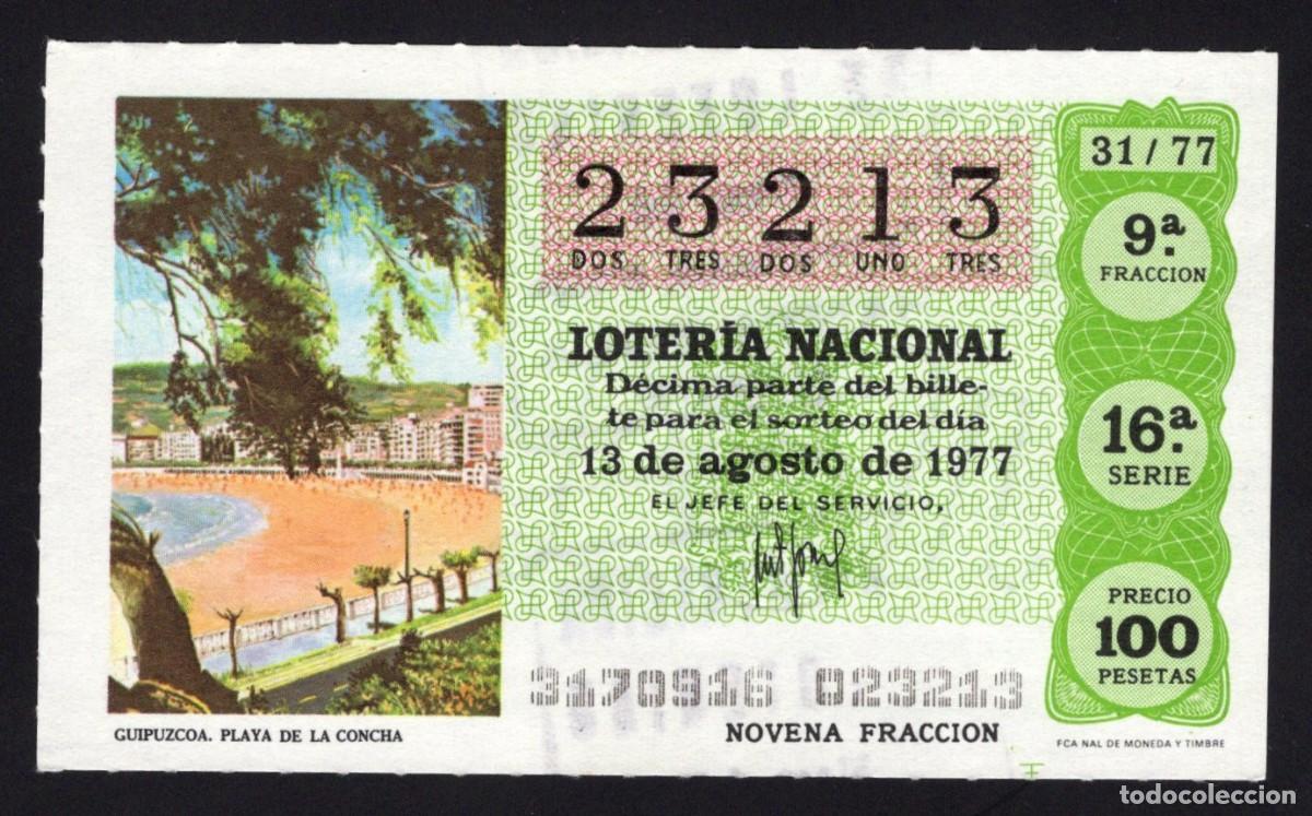 Lotaria Nacional: L. Nacional 13 Agosto 1977. n&ordm; 23213. Playa de la Concha. Administraci&oacute;n Santa Pola. Alicante.