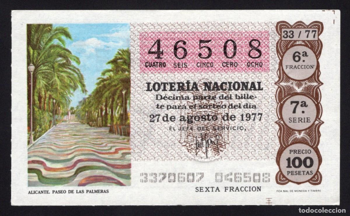 Lotaria Nacional: L. Nacional 27 Agosto 1977. Paseo de Las Palmeras (Alicante). N&ordm; 46508. Adm&oacute;n 1 Teresa. &Aacute;vila.
