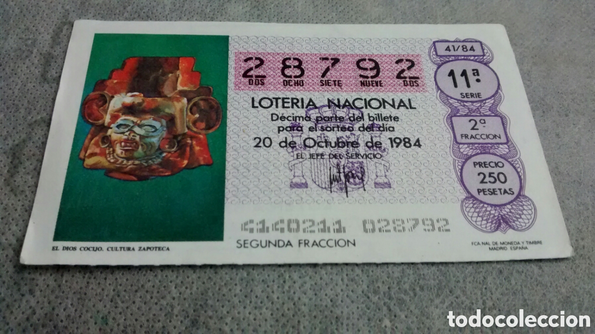 National Spanish Lottery: DECIMO DE LA LOTERIA NACIONAL. SORTEO 20 OCTUBRE 1984 41/84 EL DIOS COCUO
