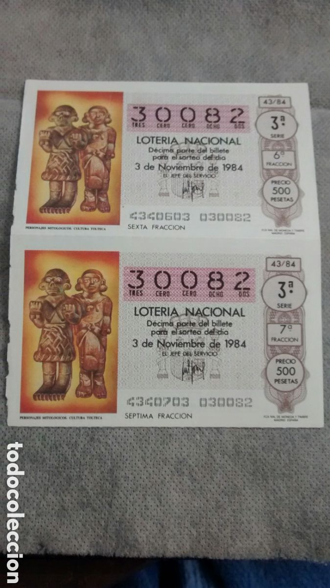 National Spanish Lottery: 2 DECIMOS DE LA LOTERIA NACIONAL. SORTEO 3 NOVIEMBRE 1984 43/84 PERSONAJES MITOLOGICOS