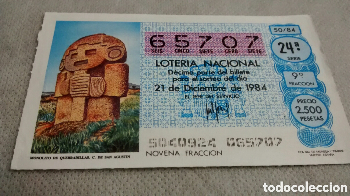 Lotaria Nacional: DECIMO DE LA LOTERIA NACIONAL. SORTEO 21 DICIEMBRE 1984 50/84 MONOLITO DE QUEBRADILLAS.