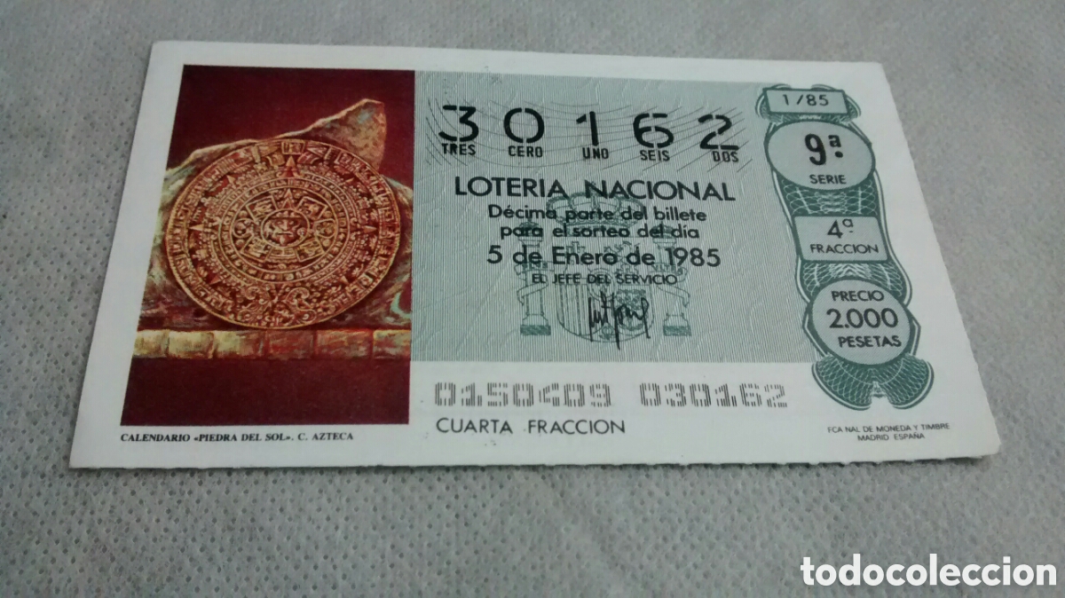 Lotaria Nacional: DECIMO DE LA LOTERIA NACIONAL. SORTEO 5 ENERO 1985 1/85 CALENDARIO PIEDRA DEL SOL
