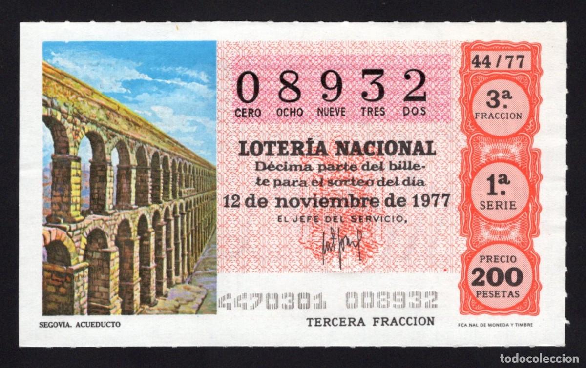 Nationale spanische Lotterie: L. Nacional 12 Noviembre 1977. Acueducto (Segovia). N&ordm; 08932. Adm&oacute;n 2 Victoria Gil G&oacute;mez. Ceuta.