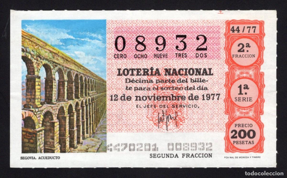 Nationale spanische Lotterie: L. Nacional 12 Noviembre 1977. Acueducto (Segovia). N&ordm; 08932. Adm&oacute;n 2 Victoria Gil Gomez. Ceuta.