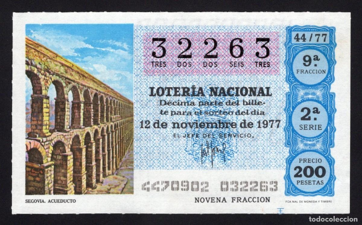 Nationale spanische Lotterie: L. Nacional 12 Noviembre 1977. Acueducto (Segovia). N&ordm; 32263. Adm&oacute;n 51. Madrid.
