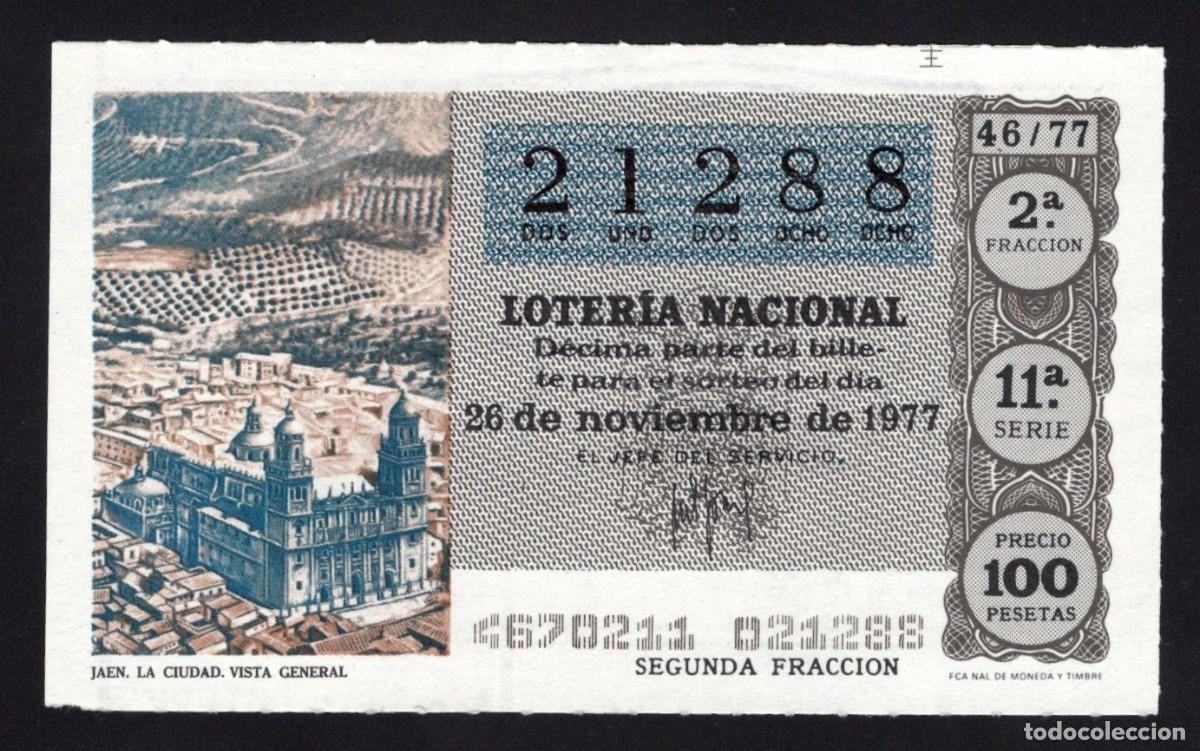 Nationale spanische Lotterie: L. Nacional 26 Noviembre 1977. Vista General de la Ciudad (Ja&eacute;n). N&ordm; 21288. Adm&oacute;n 111. Madrid.