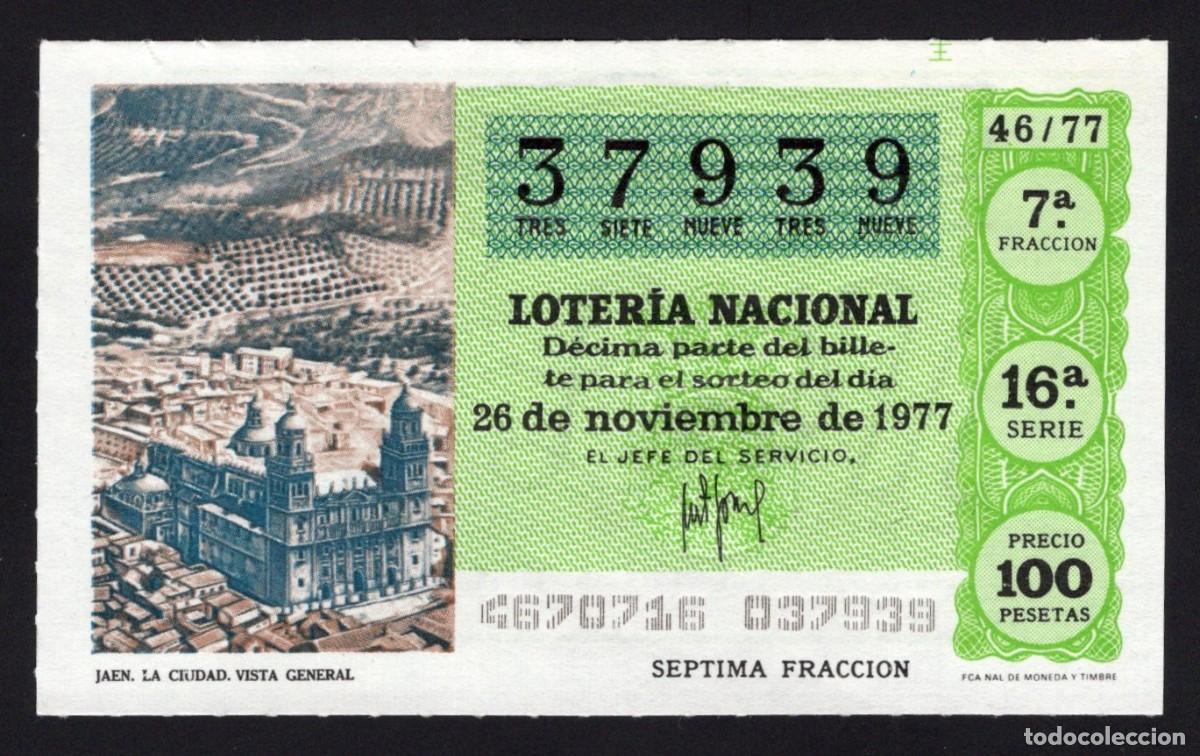 Nationale spanische Lotterie: L. Nacional 26 Noviembre 1977. Vista General de la Ciudad (Ja&eacute;n). N&ordm; 37939. Admon 51. Madrid.