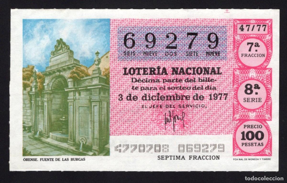 Nationale spanische Lotterie: L. Nacional 3 Diciembre de 1977. Fuente de las Burgas. n&ordm; 69279. Adm&oacute;n 12 Conchita. Madrid.