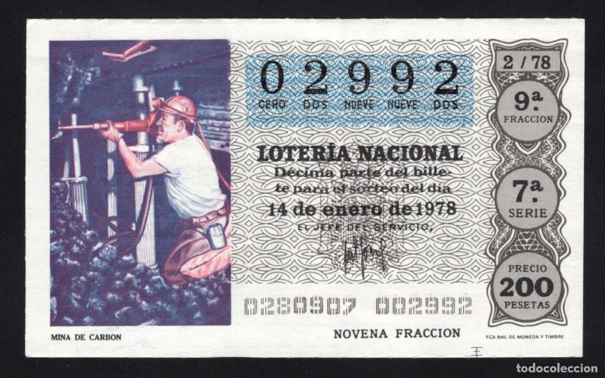 Loterie Nationale: L. Nacional 14 Enero 1978. Mina de Carb&oacute;n. N&ordm; 02992. Adm&oacute;n 125 La Pica en Flandes. Madrid.