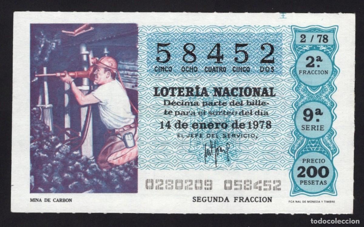 Loterie Nationale: L. Nacional 14 Enero 1978. Mina de Carb&oacute;n. N&ordm; 58452. Adm&oacute;n 73 Madrid.