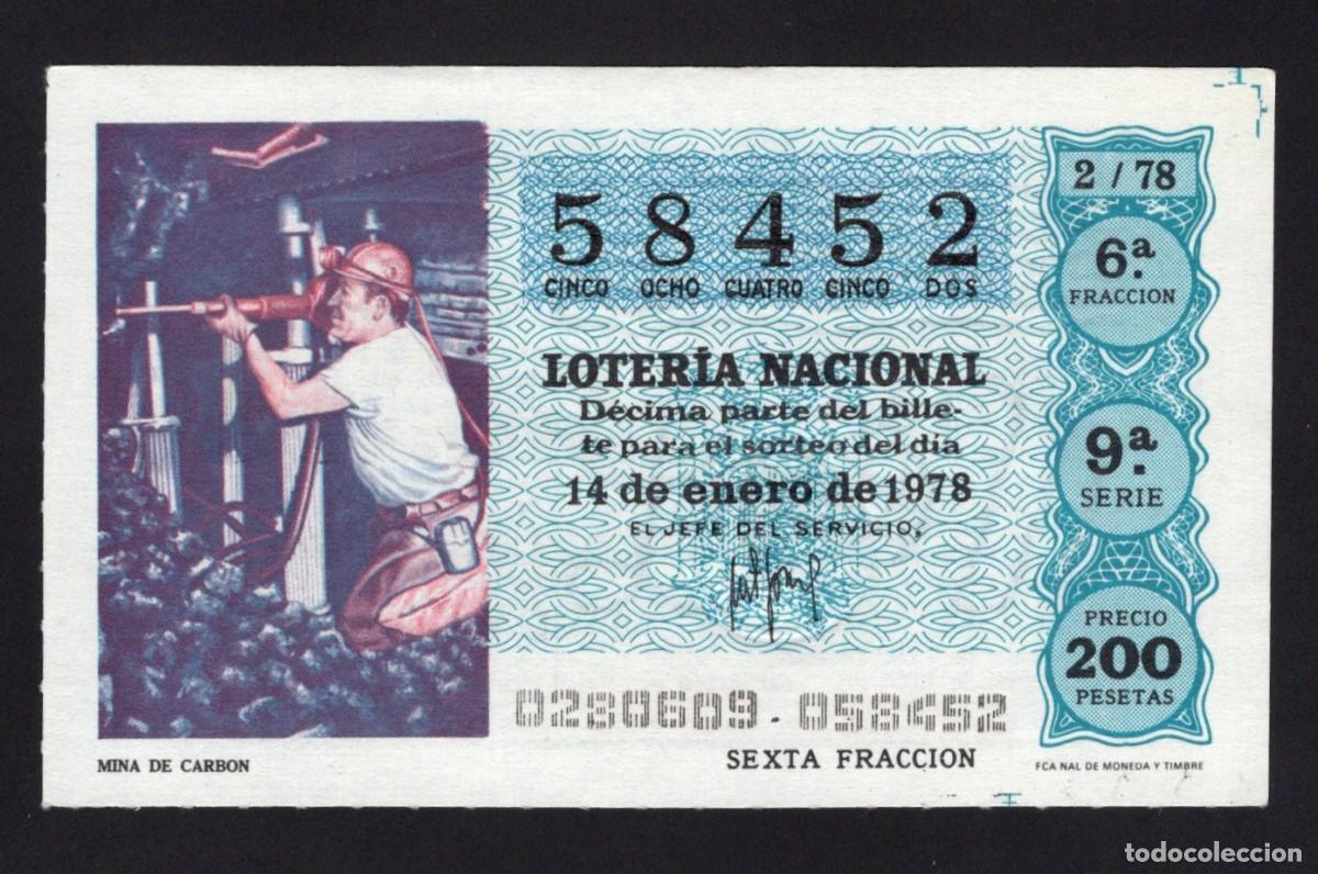 Loterie Nationale: L. Nacional 14 Enero 1978. Mina de Carb&oacute;n. N&ordm; 58452. Adm&oacute;n 73 Madrid.