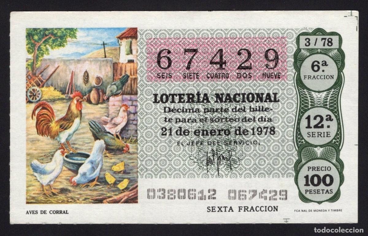 Loterie Nationale: L. Nacional 21 Enero 1978. Aves de Corral. N&ordm; 67429. Adm&oacute;n 98 Madrid. Desaparecida.