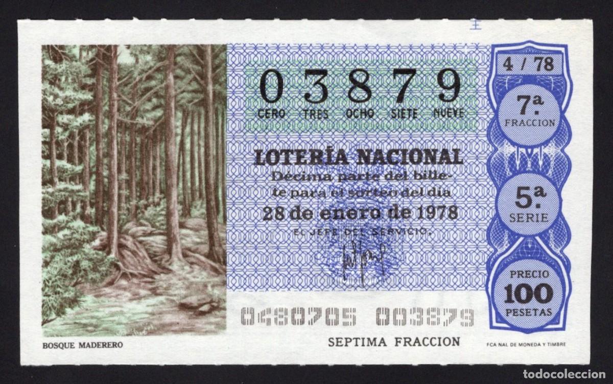 Loterie Nationale: L. Nacional 28 Enero 1978. Bosque Maderero. n&ordm; 03879. Adm&oacute;n 62 La Paloma. Madrid. Desaparecida.