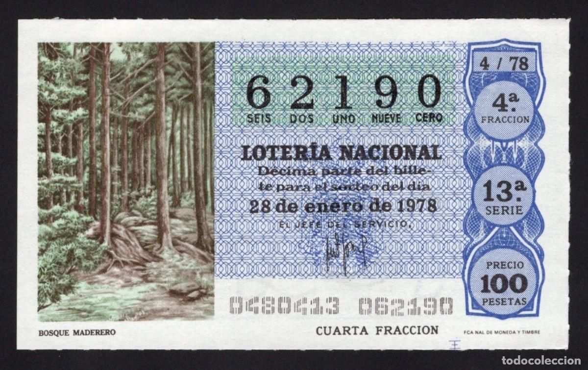 Loterie Nationale: L. Nacional 28 Enero 1978. Bosque Maderero. n&ordm; 62190. Adm&oacute;n Hermana de D&ordf; Manolita. Madrid.