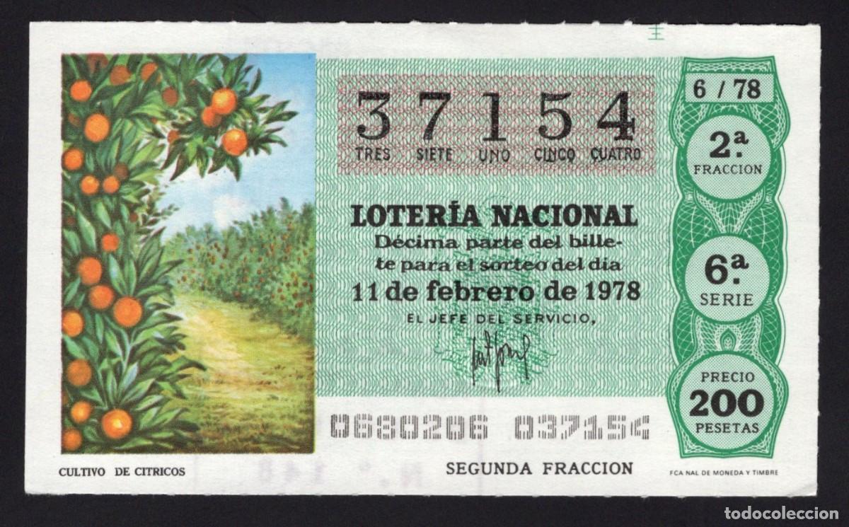 National Spanish Lottery: L. Nacional 11 Febrero 1978. Cultivo de C&iacute;tricos. N&ordm; 37154. Adm&oacute;n n&ordm; 148 La Bola de Oro. Madrid. Des