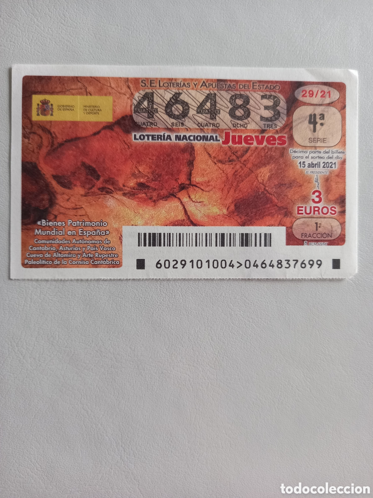 National Spanish Lottery: LOTER&Iacute;A 15 ABRIL 2021 - PATRIMONIO MUNDIAL: CUEVA DE ALTAMIRA Y ARTE RUPESTRE PALEOL&Iacute;TICO