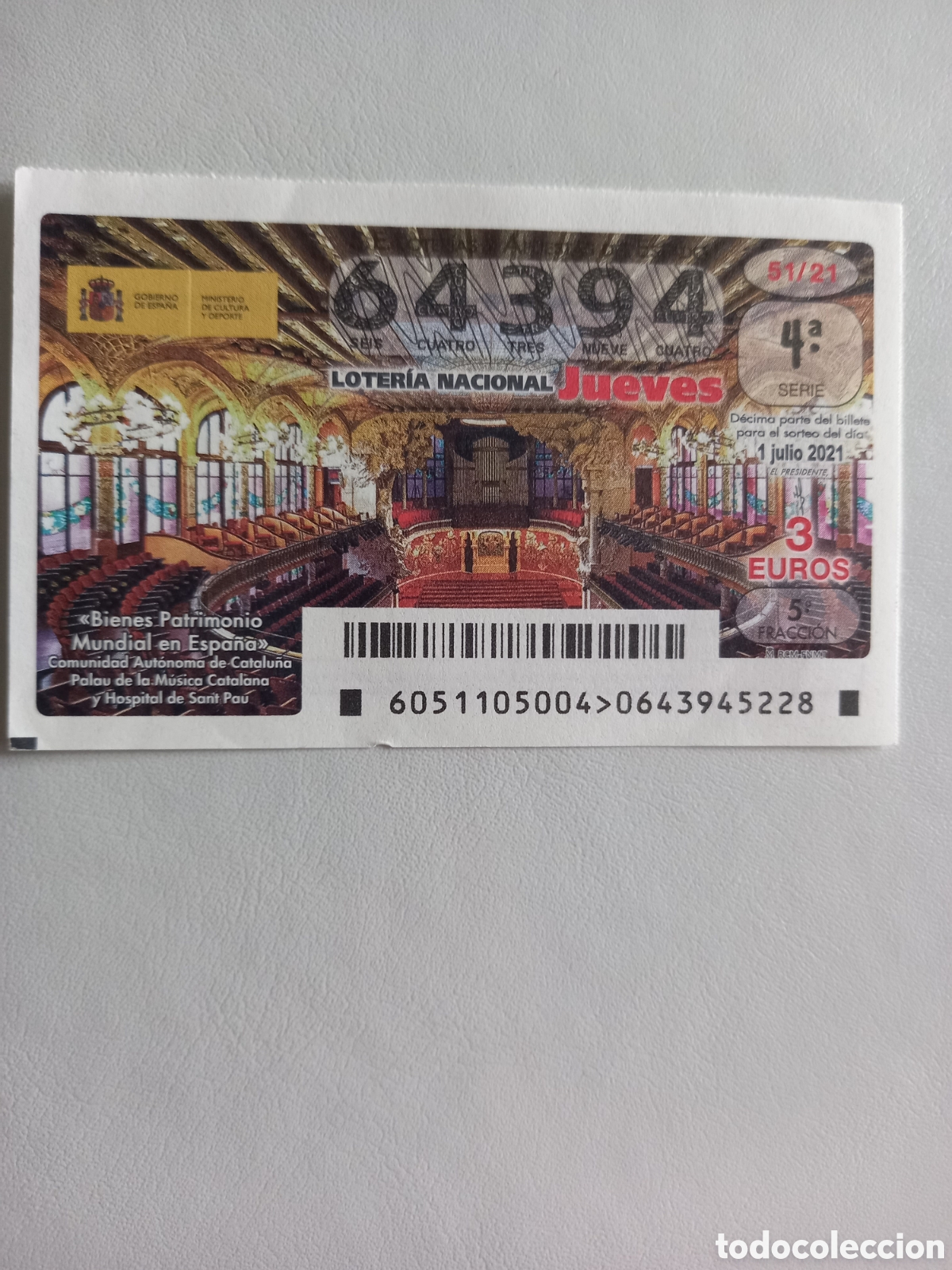 National Spanish Lottery: LOTER&Iacute;A 1 JULIO 2021 - PATRIMONIO MUNDIAL: PALAU DE LA M&Uacute;SICA CATALANA Y HOSPITAL DE SANT PAU